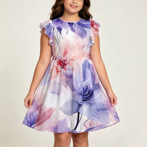 Big Girls' Ruffle Sleeve Crew Neck Dress