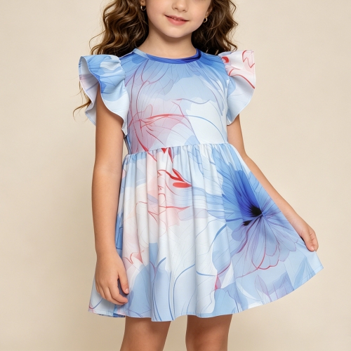 Little Girls' Ruffle Sleeve Crew Neck Dress