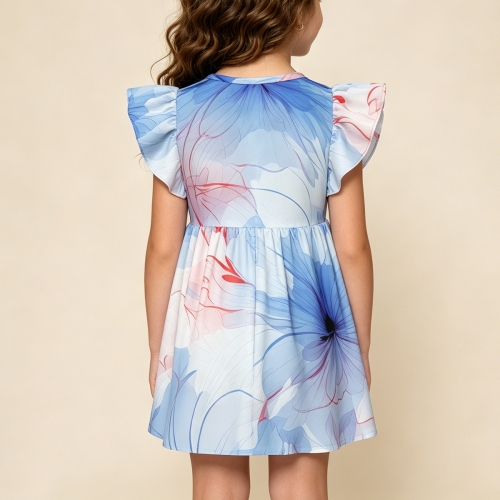 Little Girls' Ruffle Sleeve Crew Neck Dress