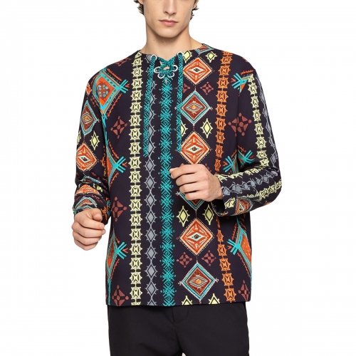 Men's Lace-up V-Neck Long Sleeve Shirt