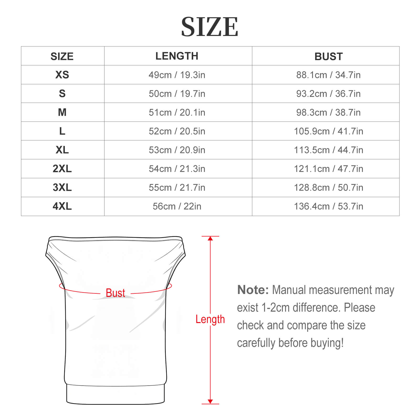 Off-the-Shoulder Top size chart