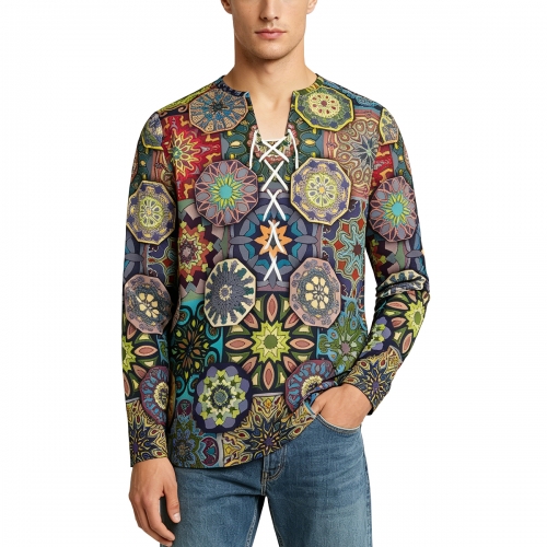 Men's Front Half Drawstring Long Sleeve T-Shirt