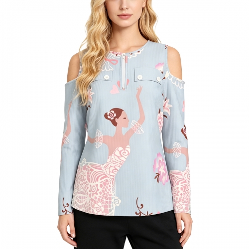 Women's Half Zip Cold Shoulder Top with Pockets