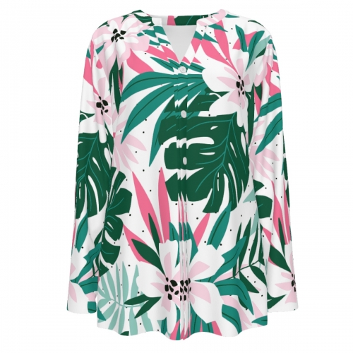 Women's V-Neck Button-Down Long Sleeve Top