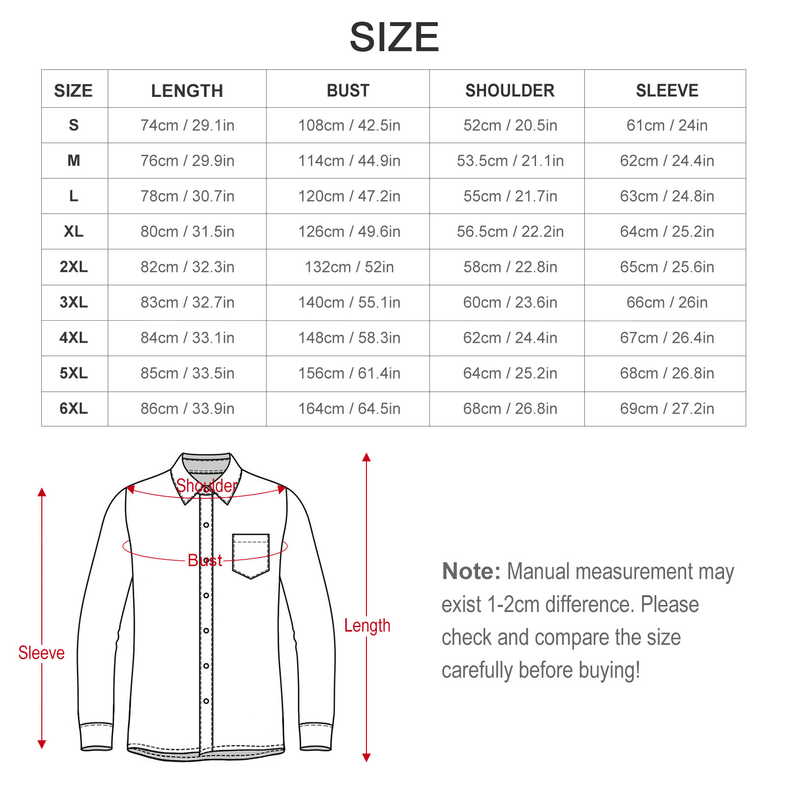 Lumber Jane cotton long sleeve shirt size chart for S to 6XL, with finished garment length, bust, shoulder and sleeve measurements in centimetres and inches
