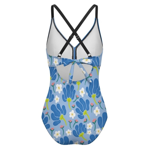 Women's Front Cross Tie Backless One Piece Swimsuit