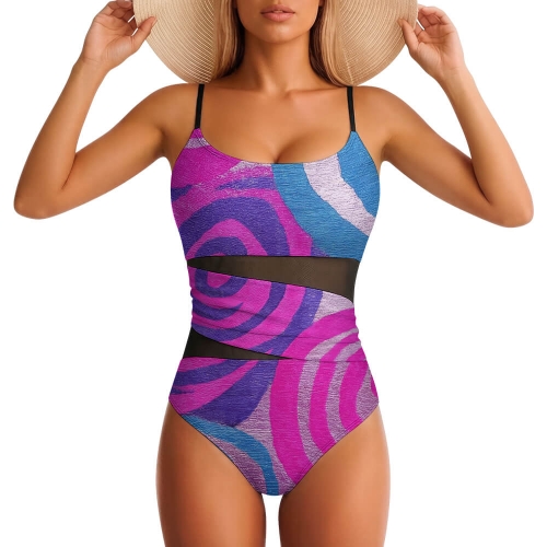 Women's Square Neck Mesh Spliced One Piece Swimsuit