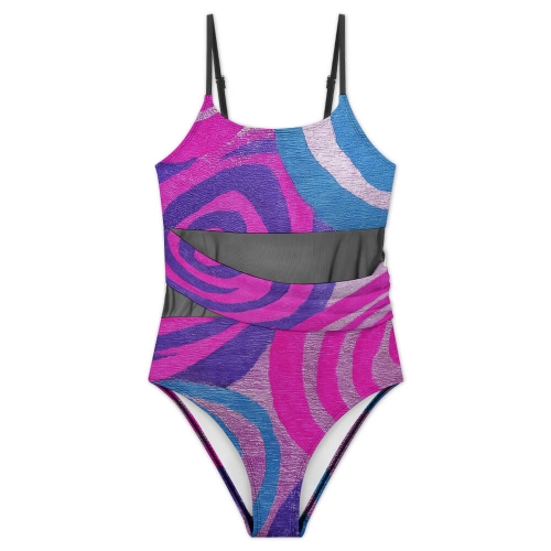 Women's Square Neck Mesh Spliced One Piece Swimsuit