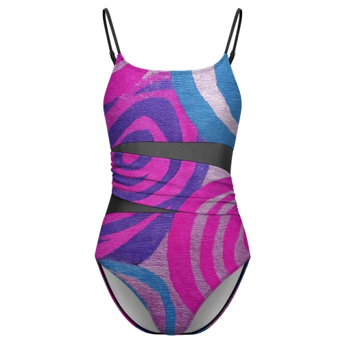 Women's Square Neck Mesh Spliced One Piece Swimsuit