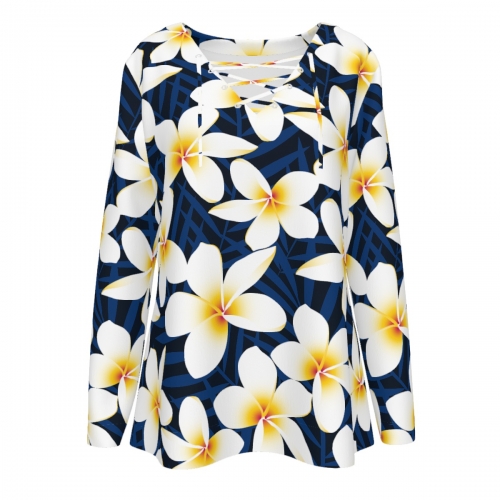 Women's V-Neck Drawstring Long Sleeve Shirt