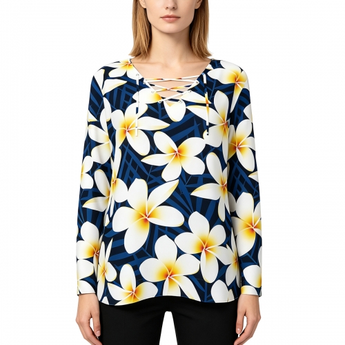 Women's V-Neck Drawstring Long Sleeve Shirt