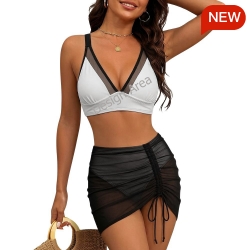 Women's Mesh Drawstring Skirt and Swimsuit Set