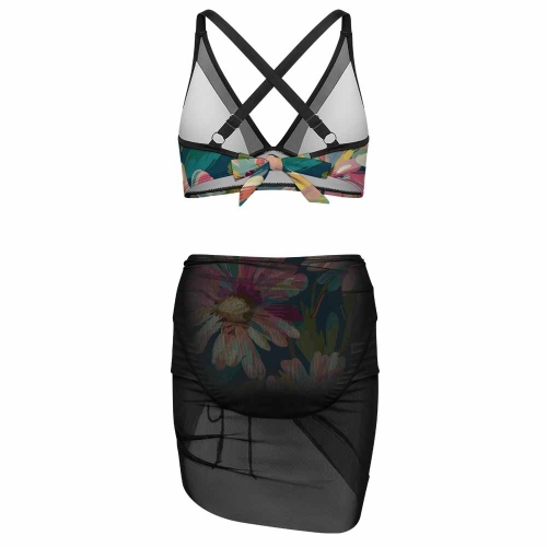 Women's Mesh Drawstring Skirt and Swimsuit Set