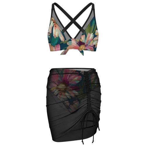 Women's Mesh Drawstring Skirt and Swimsuit Set