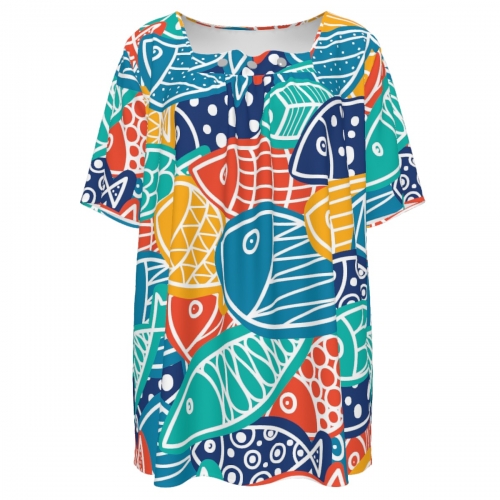 Women‘s Square Neck Short Sleeve T-Shirt with Buttons