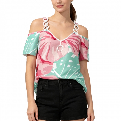 Women's V-Neck Chain Strap Off Shoulder Top