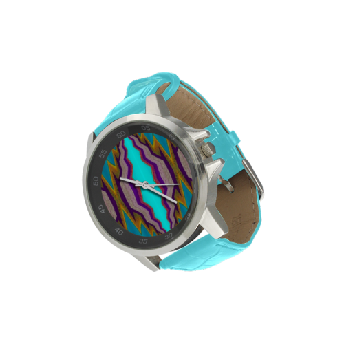 Round Metal Leather Watch Unisex with light blue pattern-annabellerockz Unisex Stainless Steel Leather Strap Watch(Model 202)