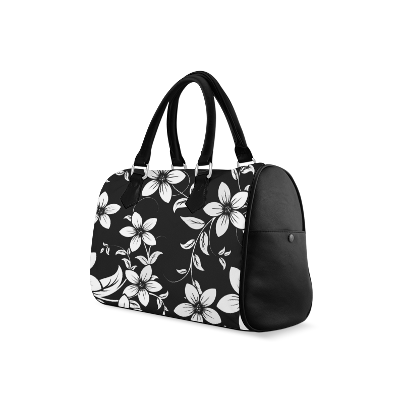 Black And White Designs Patterns Flower Boston Handbag (Model 1621)