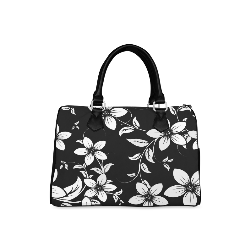 Black And White Designs Patterns Flower Boston Handbag (Model 1621)