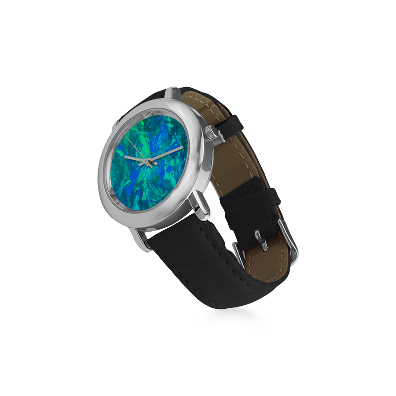 blue musical abstract art Women's Rose Gold Leather Strap Watch(Model 201)