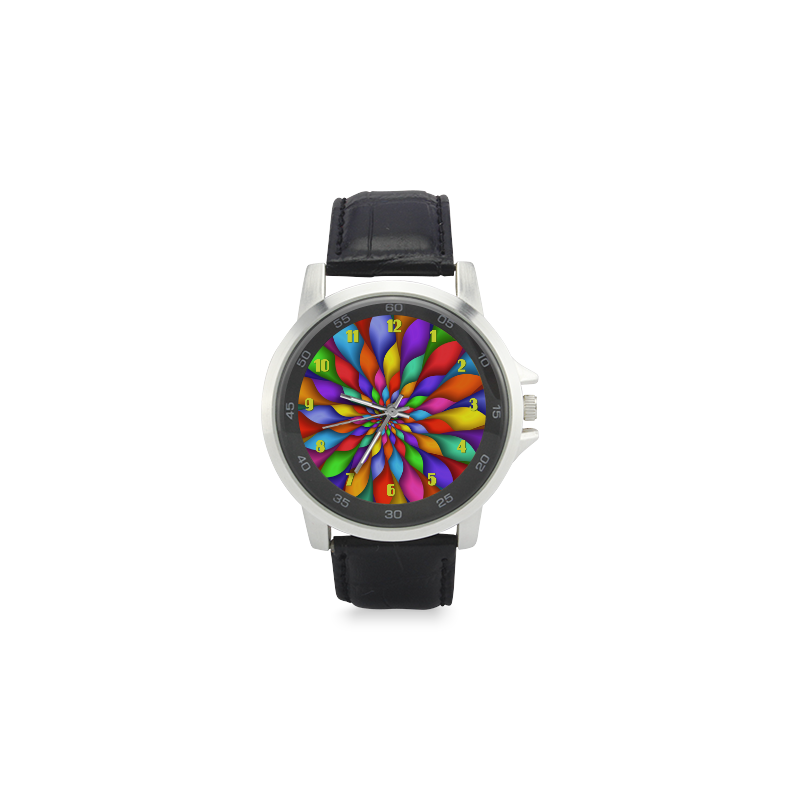 Rainbow Spiral Flower Petals Leather Watch Unisex Stainless Steel Leather Strap Watch(Model 202)