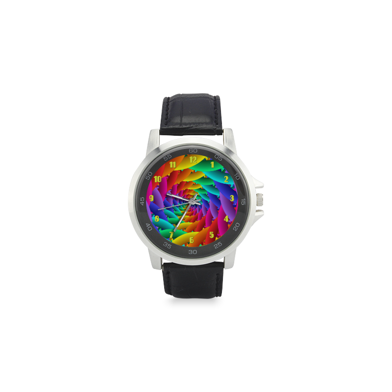 Psychedelic Rainbow Spiral Metal Leather Watch Unisex Stainless Steel Leather Strap Watch(Model 202)