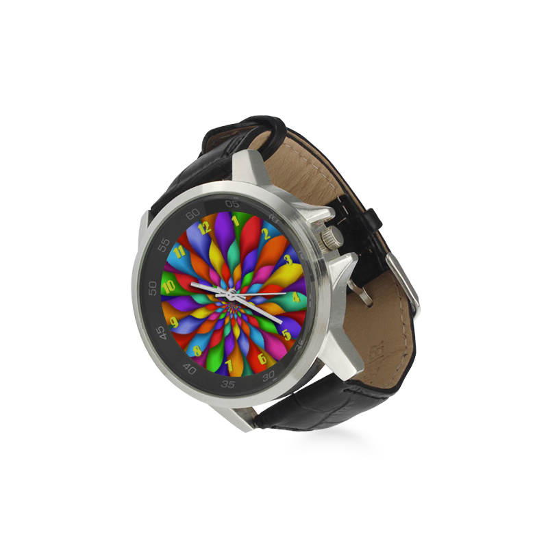 Rainbow Spiral Flower Petals Leather Watch Unisex Stainless Steel Leather Strap Watch(Model 202)