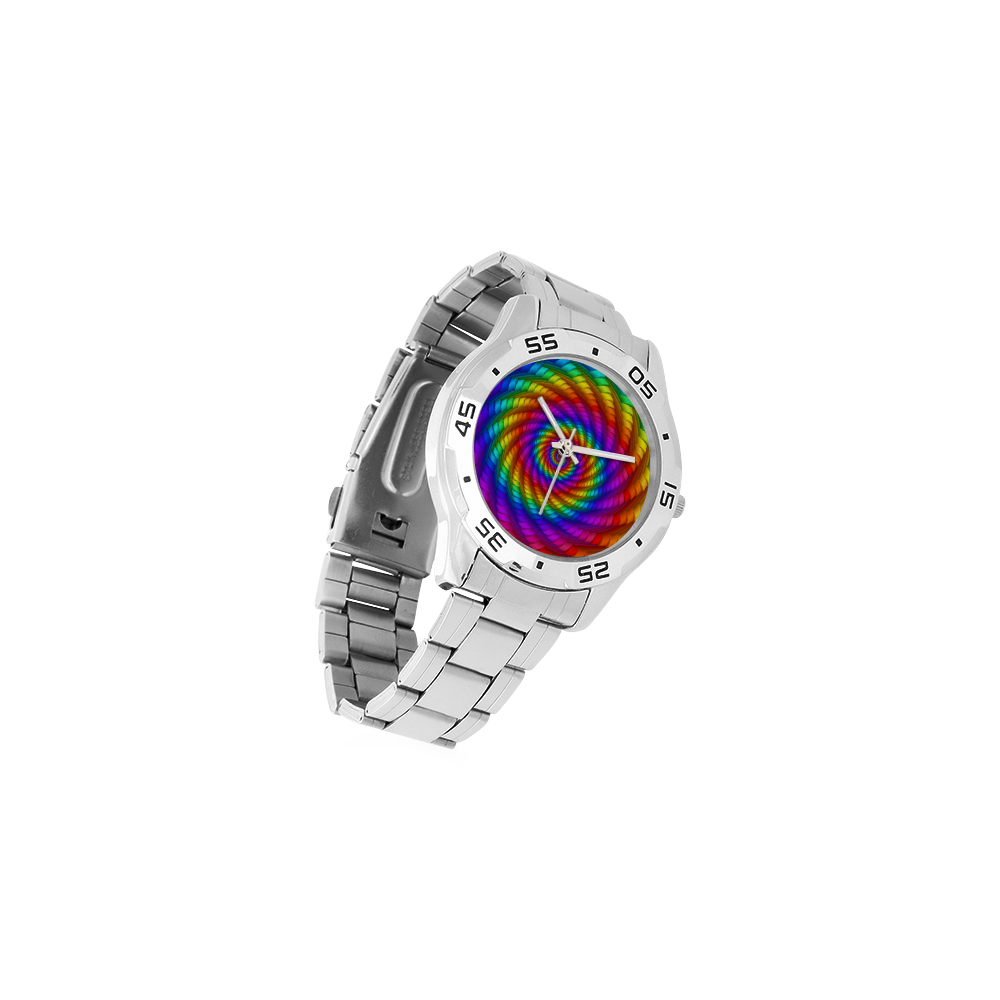 Psychedelic Rainbow Spiral Men's Stainless Steel Analog Watch(Model 108)