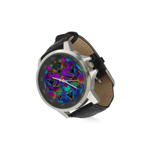 Floral Fractal Art G308 Unisex Stainless Steel Leather Strap Watch(Model 202)