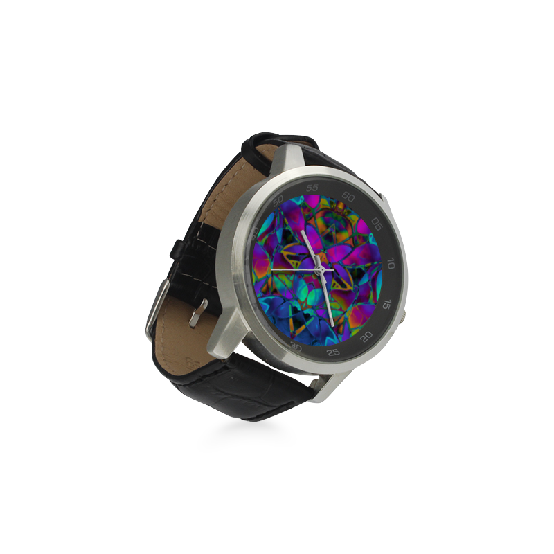 Floral Fractal Art G308 Unisex Stainless Steel Leather Strap Watch(Model 202)