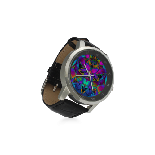 Floral Fractal Art G308 Unisex Stainless Steel Leather Strap Watch(Model 202)