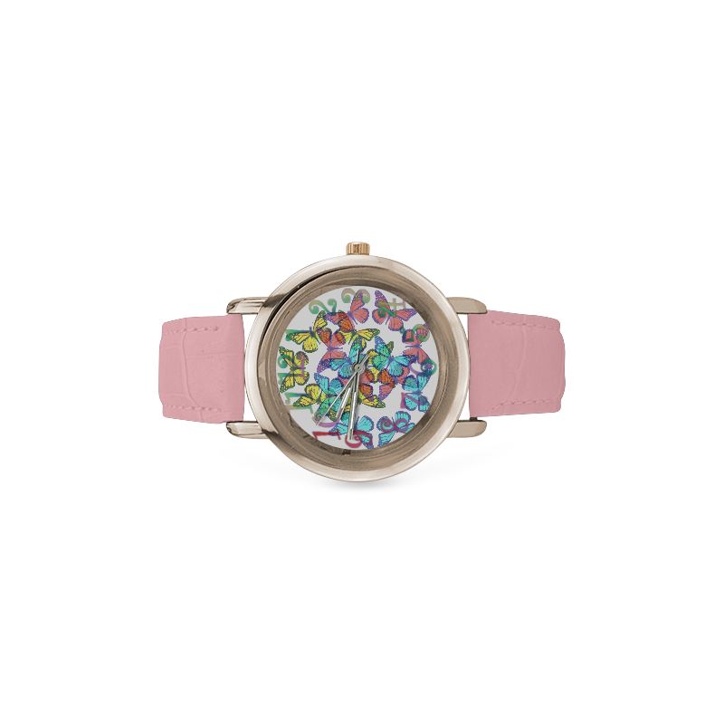 Tri Color Butterflies Women's Rose Gold Leather Strap Watch(Model 201)