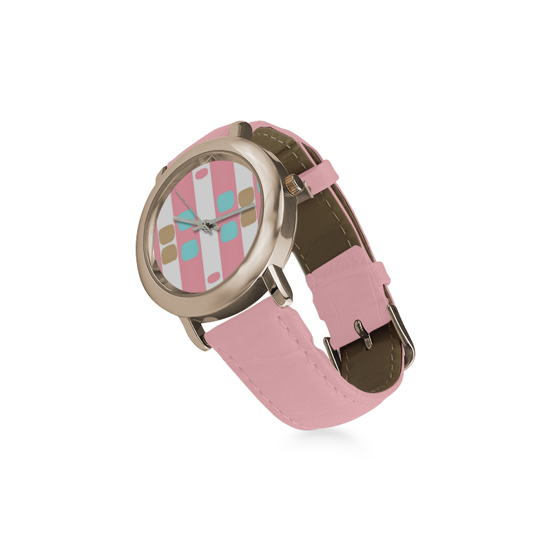Leather watch -pastel stripes with dots Women's Rose Gold Leather Strap Watch(Model 201)