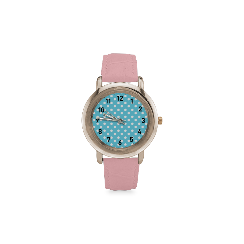Cyan Polka Dots Women's Rose Gold Leather Strap Watch(Model 201)