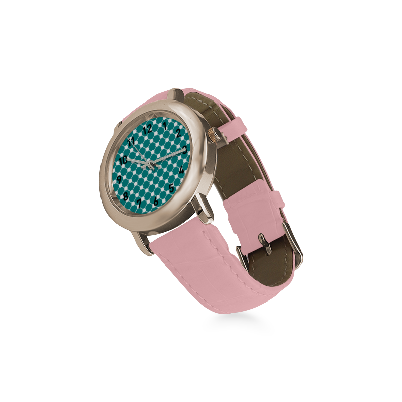 Teal Trellis Dots Women's Rose Gold Leather Strap Watch(Model 201)