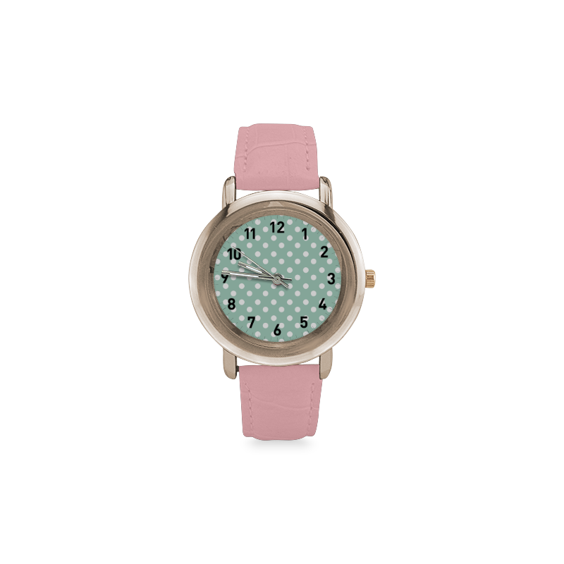 Aqua Polka Dots Women's Rose Gold Leather Strap Watch(Model 201)
