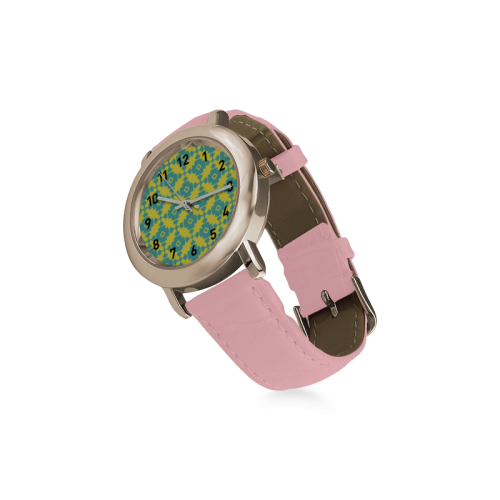 Yellow Teal Geometric Tile Pattern Women's Rose Gold Leather Strap Watch(Model 201)