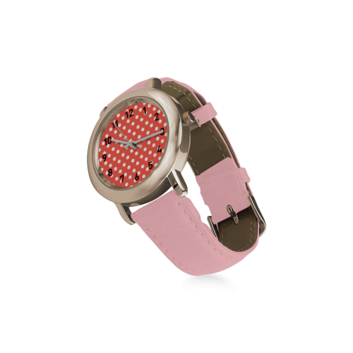 Orange Red Polka Dots Women's Rose Gold Leather Strap Watch(Model 201)