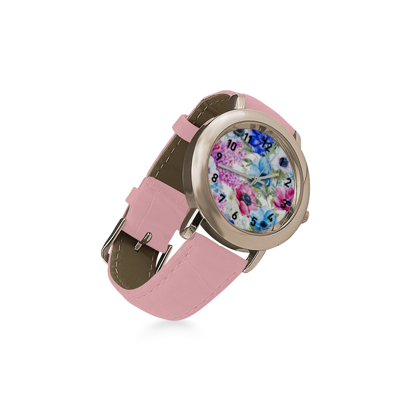 Watercolor Floral Pattern Women's Rose Gold Leather Strap Watch(Model 201)