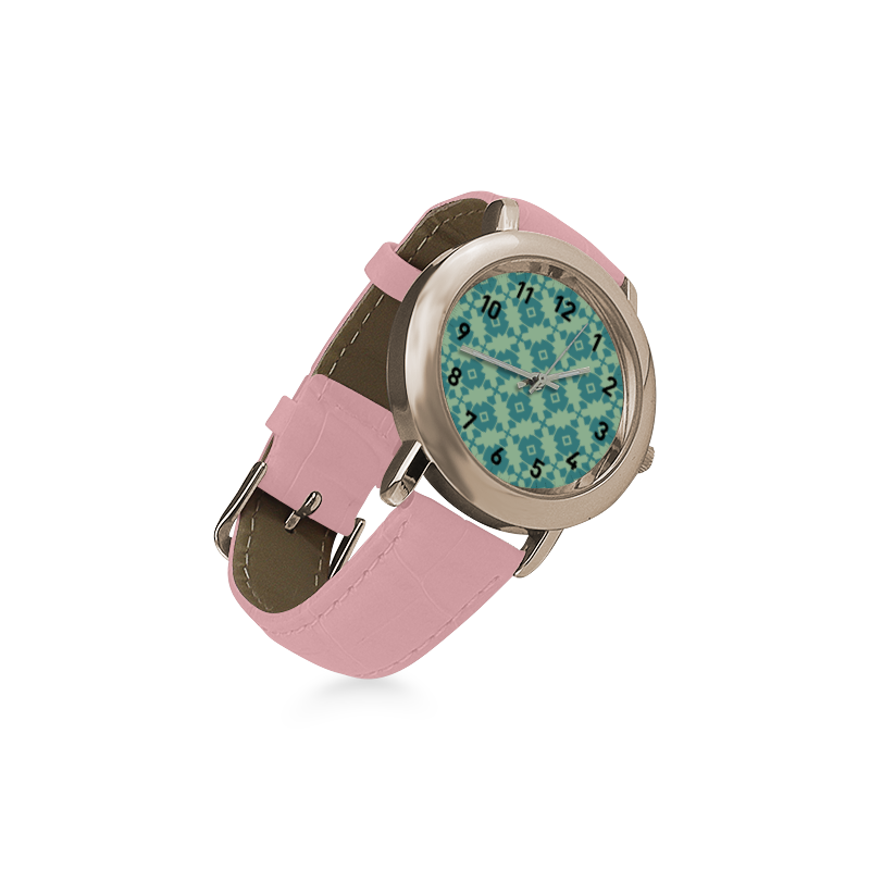 Teal Mint Geometric Tile Pattern Women's Rose Gold Leather Strap Watch(Model 201)