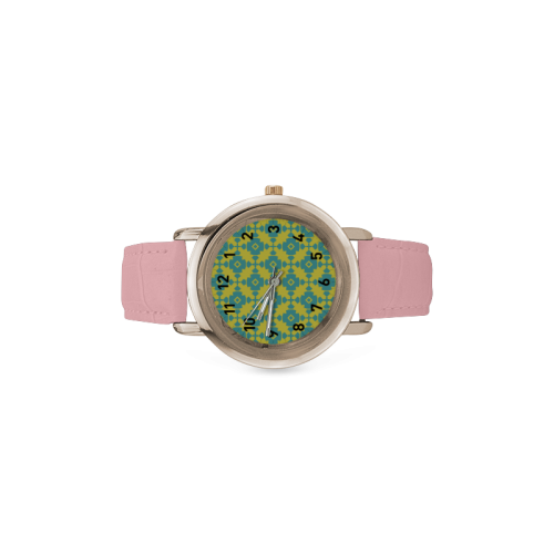 Yellow Teal Geometric Tile Pattern Women's Rose Gold Leather Strap Watch(Model 201)
