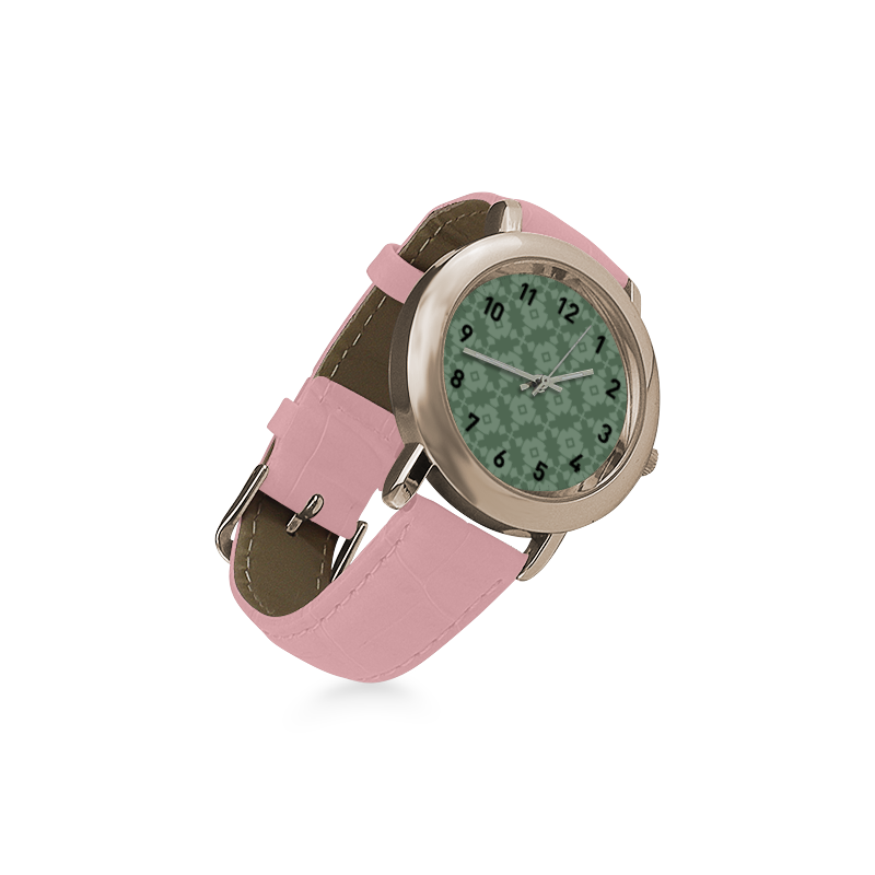 Green Geometric Tile Pattern Women's Rose Gold Leather Strap Watch(Model 201)