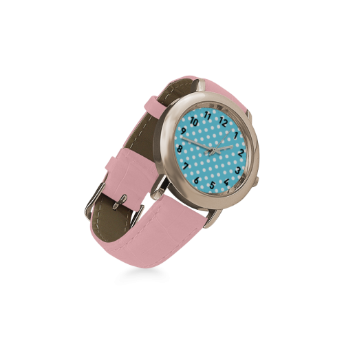 Cyan Polka Dots Women's Rose Gold Leather Strap Watch(Model 201)