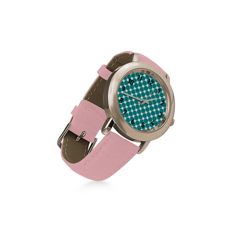 Teal Trellis Dots Women's Rose Gold Leather Strap Watch(Model 201)