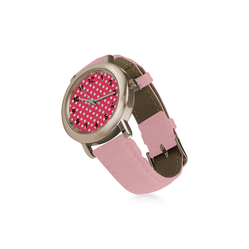 Indian Red Polka Dots Women's Rose Gold Leather Strap Watch(Model 201)