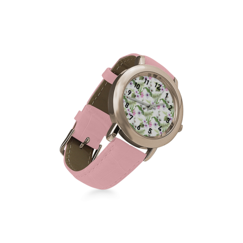 Tropical Hibiscus and Palm Leaves Women's Rose Gold Leather Strap Watch(Model 201)