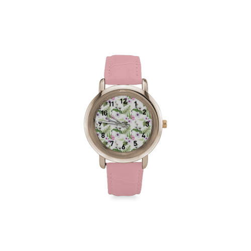Tropical Hibiscus and Palm Leaves Women's Rose Gold Leather Strap Watch(Model 201)