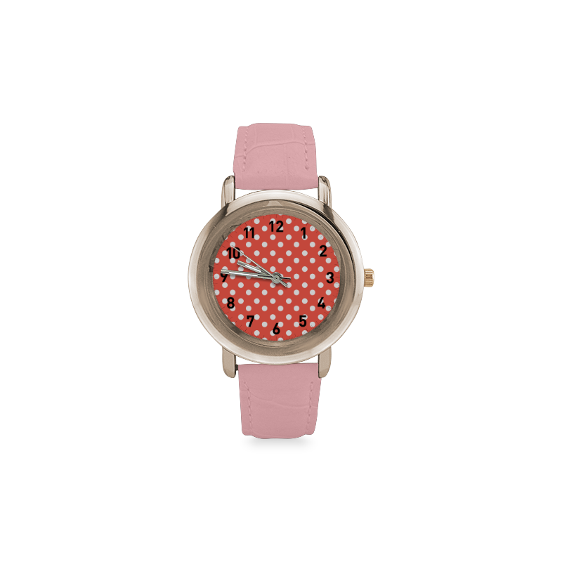 Orange Red Polka Dots Women's Rose Gold Leather Strap Watch(Model 201)