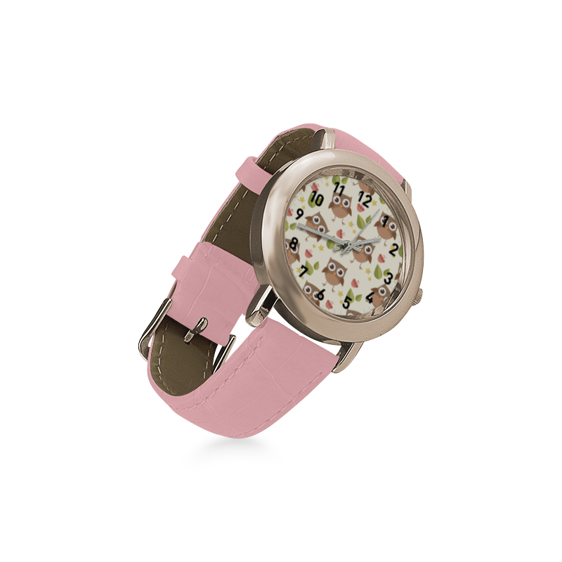 Modern Retro Owl Pattern Women's Rose Gold Leather Strap Watch(Model 201)