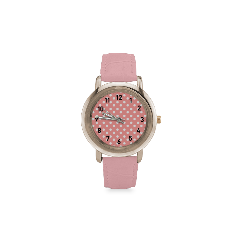 Coral Pink Polka Dots Women's Rose Gold Leather Strap Watch(Model 201)